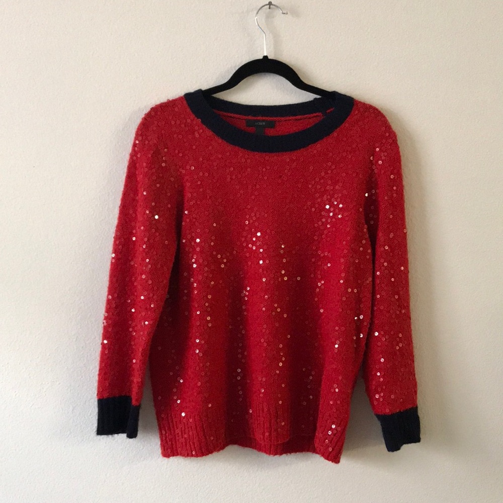 J.crew red/ navy sequin sweater xl fits like m/l